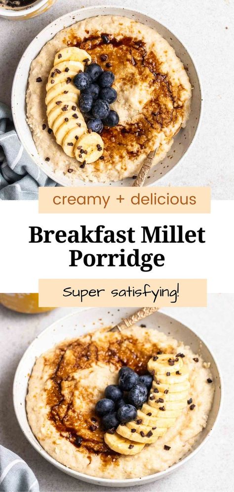 Start your day off with a bowl of creamy and comforting millet porridge! It is packed with fiber, nutrient-dense, and super satisfying. A versatile base that can be served with various toppings. Millet Recipes Breakfast, How To Cook Millet, Millet Breakfast, Millet Porridge, Breakfast Porridge, Millet Recipes, Healthy Vegan Breakfast, Porridge Recipes, Warm Breakfast