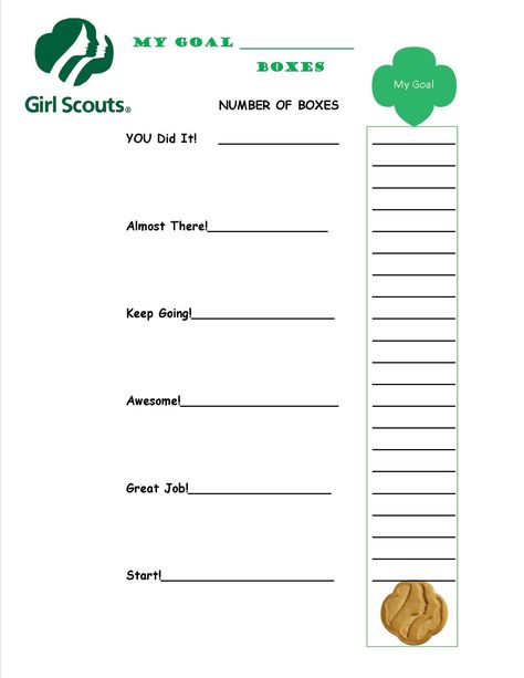 Girl Scout Cookie Goal Sheet Girl Scout Daisy Activities, Girl Scout Meeting Ideas, Goal Sheet, Girl Scout Mom, Girl Scout Cookie Sales, Girl Scout Cookies Booth, Girl Scout Troop Leader, Brownie Scouts, Brownie Girl Scout