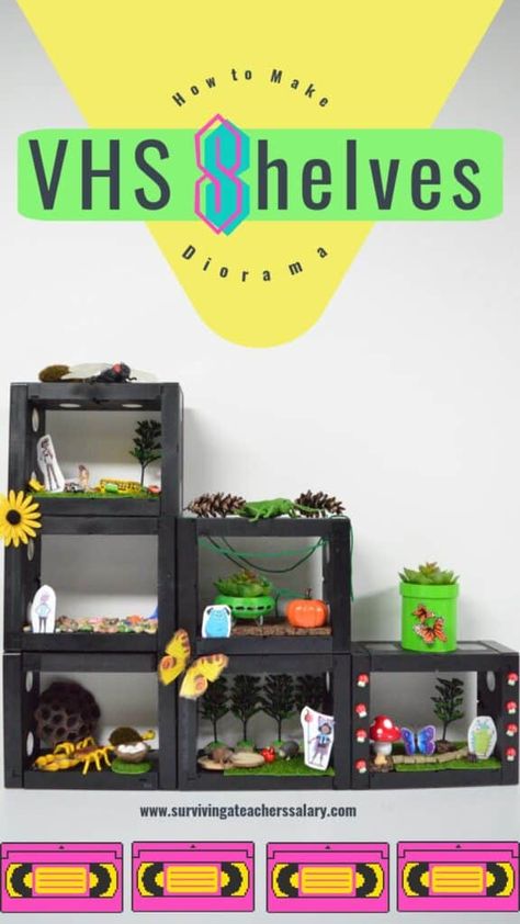 DIY Retro VHS Shelf System Diorama Small World Sensory Play Vhs Tapes Crafts Diy, Vhs Art Diy, Vhs Shelf, Vhs Upcycling, Shelf Diorama, Vhs Diy, Vhs Ideas, Vhs Crafts, Vhs Art