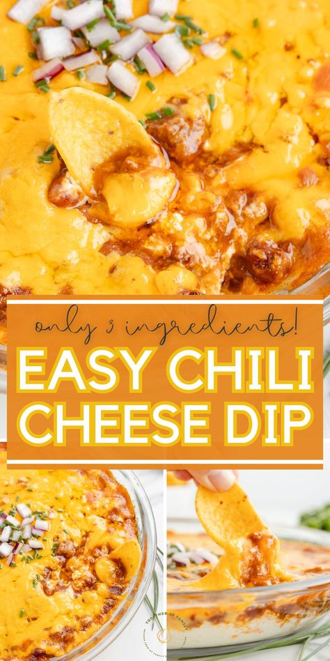 This quick & easy Chili Cheese Dip is a must-make hot dip appetizer for a gameday party or gathering. Only 3 ingredients for a gooey, cheesy, hot dip that's full of delicious creamy chili flavor. Easy Chili Cheese Dip, Chili Dip Recipes, Appetizer Dips Hot, Chili Cheese Dip, Appetizers Cheese, Cheese Dips, Chili Cheese Dips, Chili Dip, Spicy Dip