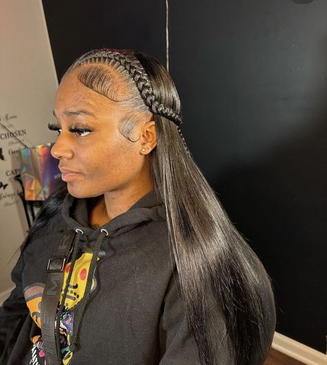 Straight Hair With 2 Braids, Quick Weave Straight, Braids With Straight Hair, Braids Quick Weave, Quickweave Hairstyles, 2 Braids With Weave, Bundles Hairstyles, Braids Quick, Hair Thread