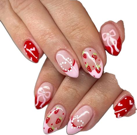 Valentine Inspo Nails, Cute Nails Strawberry, Nails Cherries, Strawberry Nails Designs, Strawberry Shortcake Nails, Berry Nails, Fruit Nails, Horror Nails, Country Nails