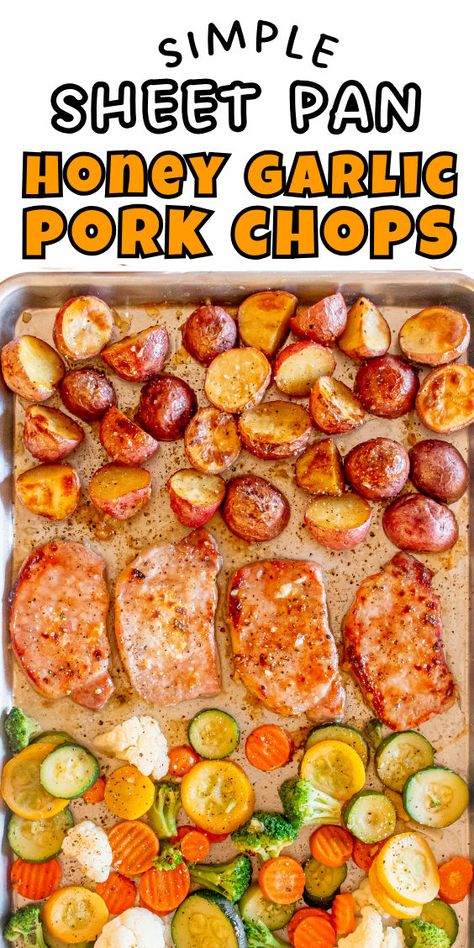 Sheet pan pork chops with garlic and honey Sheetpan Pork Chop Recipes, Pork Chop Recipes One Pan, Pork Chop Sheet Pan Dinner Pioneer Woman, Sheet Pan Boneless Pork Chops, Boneless Pork Chop Sheet Pan Recipes, Pork Chop Sheet Pan Recipes, One Pan Pork Chops And Potatoes, Sheet Pan Pork Chops And Potatoes, Pork Chops And Zucchini Recipes