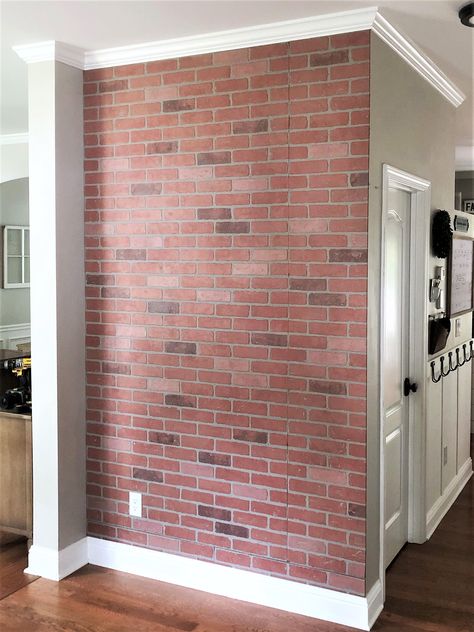 DIY Faux Brick Wall with a German Schmear look using these brick panel boards from Home Depot Brick Wall Panels, Fake Brick Wall, Diy Faux Brick Wall, Diy Brick Wall, Faux Brick Wall Panels, Fake Brick, Faux Brick Wall, Brick Accent Walls, Brick Wall Paneling