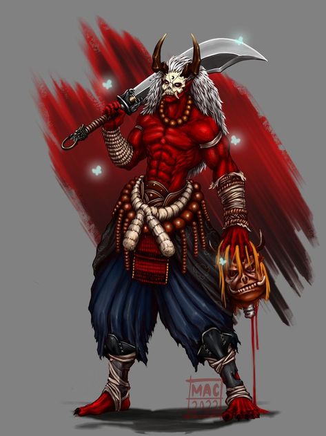 Red Demon Art, Oni Character Design Male, Assassin Design, Oni Art, Samurai Drawing, Red Demon, Dark Fantasy Artwork, Powerful Art, Demon Art