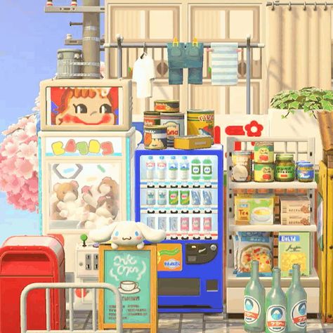 Acnh Exterior House Ideas Happy Home, Acnh Wes Anderson, Acnh Donation Box Design, Animal Crossing Apartment, Acnh Vending Machine Area, Acnh Flea Market Ideas, Animal Crossing Vending Machine, Animal Crossing Korean, Acnh Boba Shop