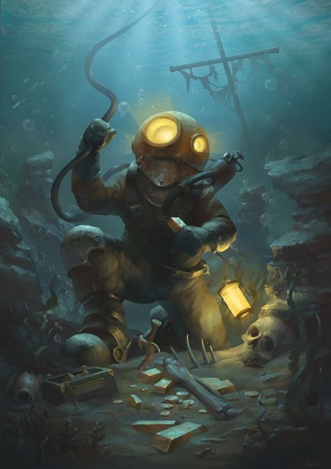 Scuba Diving Deep Sea Diver Art, Diver Art, Bioshock Art, Deep Sea Diver, Deep Sea Diving, Underwater Scene, Theme Tattoo, Underwater Art, Diving Suit