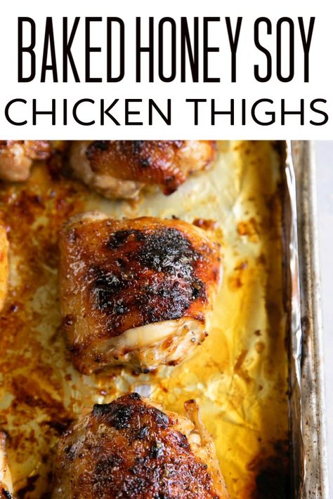 These easy oven-baked Honey Soy Chicken Thighs are ready in just 30 minutes or less and are super easy to make! Juicy chicken thighs are marinated in a fragrant sauce made with honey, soy sauce, ginger, and garlic and baked until the skin is crispy and utterly irresistible. The whole family will love this delicious, weeknight dinner! Honey Soy Chicken Thighs, Chicken Thighs In Oven, Blackened Chicken Recipe, Juicy Chicken Thighs, Honey Soy Chicken, Soy Chicken, Honey And Soy Sauce, Yummy Chicken, Steamed Fish