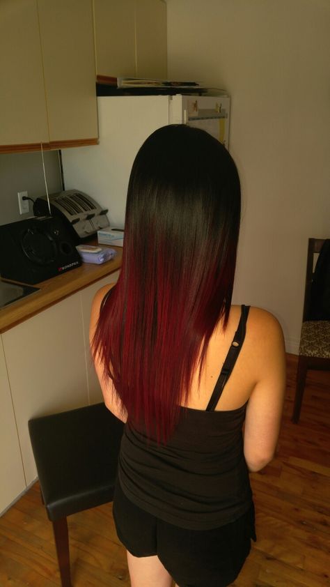 Black And Red Straight Hair, Black Fade To Red Hair, Black Faded Into Red Hair, Red Hair Roots Black, Black On Top Red On Bottom Hair, Red Hair Bottom Layer, Black Into Red Hair, Cherry Red Streaks On Black Hair, Black And Red Tips Hair