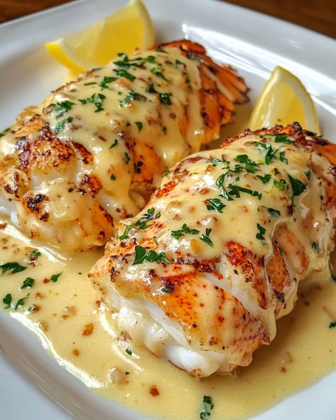 Lobster Gratinee Recipe, How To Make Cod Taste Like Lobster, Lemon Garlic Lobster Tail Recipe, Large Lobster Tail Recipe, Creamy Garlic Lobster Tails, Yacht Chef Recipes, Lobster Tail Dishes, Simple Lobster Tail Recipe, Lobster Topping For Steak