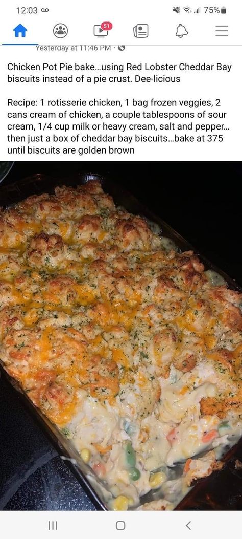 Chicken Pot Pie Bake, Pot Pie Bake, Red Lobster Biscuits, Cheddar Bay Biscuits, Fall Dinner Recipes, Red Lobster, Easy Casserole Recipes, Fall Dinner, Chicken Dishes Recipes