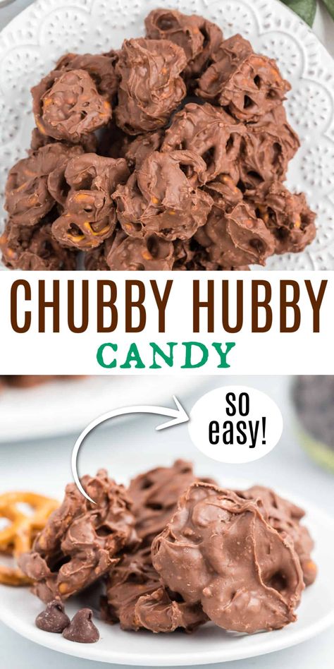 Chubby Hubby Clusters are homemade candy made with just 4 ingredients! Chocolate, peanut butter and pretzels combine for the perfect sweet and salty treat. Chubby Hubby Clusters, Gooey Desserts, Graham Cracker Toffee, Easy Candy Recipes, Easy Candy, Cracker Toffee, Shugary Sweets, Food Candy, Cookies Bars