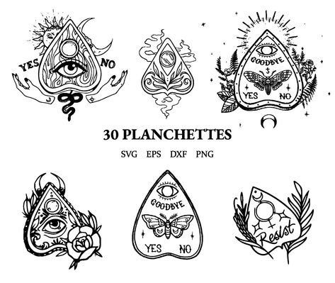 Planchette Tattoo Design Small, Small Ouija Tattoo, Ouija Board Drawing Easy, Planchette Flash Tattoo, Ouija Board Planchette Drawing, Witchy Wrist Tattoos For Women, Goth Svg Free, Planchet Tattoo, Ouji Board Tattoo