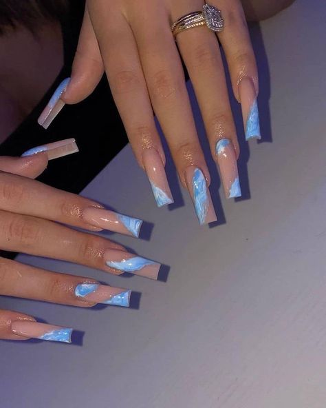 Long Acrylic Nail Designs Blue, Long Blue Nail Designs, Unique Blue Nails, Marble Blue Nails, Ballerina Acrylic Nails, Tapered Square Nails, Blue Acrylic Nails, Nagel Tips, Long Acrylic Nails Coffin