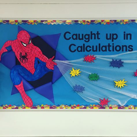 Spider-Man math bulletin board! Perfect for a superhero theme. Superhero Bulletin Boards Hallways, Male Teacher Bulletin Boards, Spider Man Bulletin Board Ideas, Avengers Bulletin Board, Spiderman Bulletin Board, Marvel Classroom Theme, Math Superhero, Marvel Classroom, Superhero Classroom Door