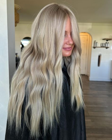 Enjoy 2827822 pics of Bethany’s hair because it’s too perfect to pick just one🎀🪩✨ Toned with @redken shades 10vv, 10gi #blonde #blondehair #blonding #blondingspecialists #utahhairstylist #utahhair #vernalutahhair #highlights #blondehighlights #brightblonde #faceframing #brightblondehair #blendedblonde #livedincolor #livedinblonde #redkenshadeseq #moneypiece #behindthechair #hairinspo Blonde Toner Shades Redken, Neutral Tone Blonde Highlights, Bright Blonde Partial Highlights, Bright Dementional Blonde, Full Head Bleach And Toner, Cool Toned Blonde Hair, Bright Blonde Hair, Bright Blonde, Hair Color And Cut