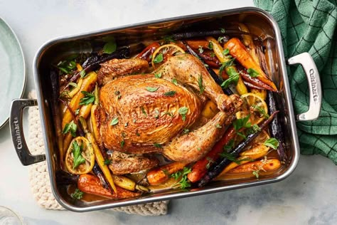 Change up your roast chicken routine with fresh spring vegetables. Learn how to make this delicious lemon roast chicken with rainbow carrots recipe for spring. Chicken Oysters, Rainbow Carrot Recipes, Lemon Roast Chicken, Chicken With Carrots, Easter Dinners, Lemon Roasted Chicken, Easter Dinner Ideas, Breakfast Party Foods, Southern Living Recipes