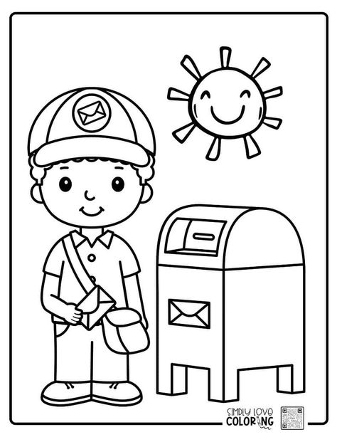 Boy mailman holding letter by mailbox free mailman coloring pages simplylovecoloring.com Mailman Crafts Preschool, Mail Carrier Preschool, Mail Carrier Craft, Mailman Crafts, Community Helpers Printables, Boy Coloring Pages, Community Helpers Preschool Crafts, Community Helper Lesson, Community Helpers Preschool Activities