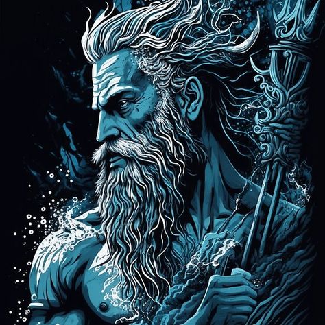 Poseidon Illustration, Greek God Poseidon, Olympian Gods, Skull Art Print, Greek And Roman Mythology, Roman Mythology, Greek God, Sea Art, Greek Gods