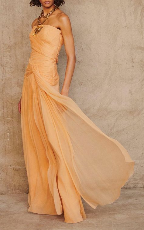 Shirred Silk Strapless Gown By Alberta Ferretti | Moda Operandi Pastel Orange, Donatella Versace, Strapless Gown, Feminine Dress, Alberta Ferretti, Looks Style, Runway Fashion, Strapless Dress Formal, Fashion Collection