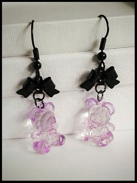 Design Quotes Art, Purple Teddy Bear, Pastel Goth Aesthetic, Pastel Goth Outfits, Pink Goth, Metal Bow, Black Bows, Goth Accessories, Bear Earrings