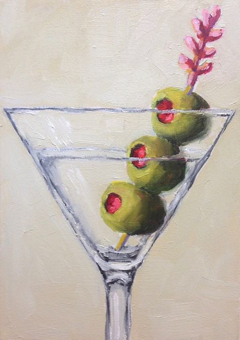 Martini Art Paintings, Simple Oil Painting Ideas, Martini Glass Painting, Martini Wallpaper, Olive Painting, Martini Painting, Spaniel Art, Cocktail Art, Oil Pastel Art