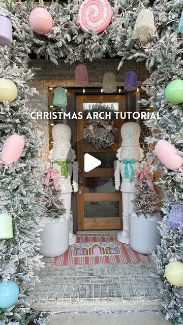 Kristin Miller | Creator | Dallas, TX on Instagram: "DIY Candy Arch for Christmas🍬🍭🎄Comment “sweet” to get supplies you need to make this arch sent directly to your DMs! Details below on how we built our christmas candy arch for our porch last year so you can start planning your porch decor! Share this with a christmas-loving friend✨And be sure to follow along to see how I decorate this year! 🎄

Supplies for the arch:
* (3) 10 ft. 1-inch PVC pipes
* (2) PVC elbows to secure the PVC together
* (2) 4-ft. rebar
* 25 ft chicken wire
* 200-300 zipties 
* 25-30 garlands
* christmas lights
* jumbo christmas candy decor

Once your PVC pipe frame is built and secure, wrap with chicken wire and secure with zipties. Install your arch and secure to youe base. Add your garland, lights and decor!
• Diy Chicken Wire Christmas Decorations, Christmas Candy Garland Diy, Christmas Arch Lights, Christmas Light Arch Walkway, Pvc Pipe Arch Christmas Lights, Pvc Pipe Christmas Archway, Diy Christmas Driveway Arch, Pvc Arch Diy Christmas, Pvc Arch Christmas