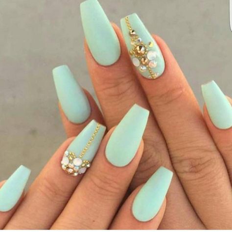 Pistachio Nail Art with plenty of bling. Our crown for a credit! 👑 #hotonbeauty . . . #nailartist #nailart #nailbling #pistachionails #pastelgreennails #springnails #springnailart #greennails #crystalnailart #coffinnails #coffinnailshape Mint Green Nails, Her Nails, Coffin Shape Nails, Best Nail Art Designs, Trendy Nail Art, Ombre Hair Color, Acrylic Nail Art, Coffin Nails Designs, Nail Arts