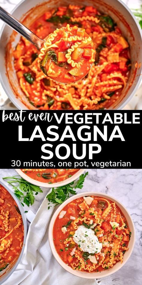 Warm up your dinner routine with this fast and filling Vegetable Lasagna Soup. Brimming with fresh vegetables and topped with a velvety blend of ricotta and mozzarella, this soup brings the comforting taste of lasagna to your table in just 30 minutes. It's a cozy, nutritious option for those evenings when you need a quick yet delicious meal. Vegetarian Lasagna Soup, Soup With Zucchini, Easy Vegetable Lasagna, Best Breakfast Casserole, Lasagna Soup Recipe, Traditional Lasagna, Classic Lasagna, Vegetarian Lasagna, Vegetable Lasagna