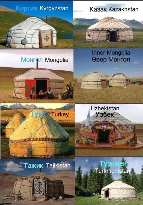 A traditional yurt or ger is a portable, round tent covered with felt and used as a dwelling by nomads. It was used in Central Asia for three thousand years.  Throughout the time Central Asian tribes and nationalities developed the ger to their own style and design. Here some of the images that shows how they differentiate from each other. Mongolia Culture, Mongolian Yurt, Yurt Home, Yurt Living, Yurt Tent, Genius Loci, Vernacular Architecture, Geodesic Dome, Earthship