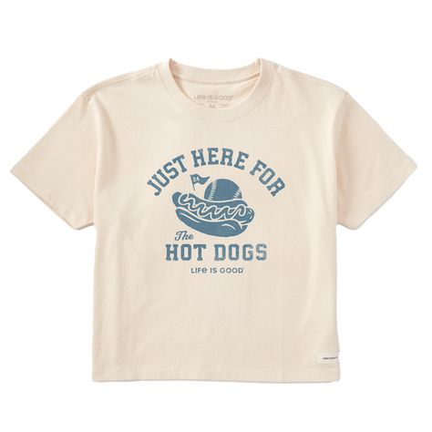 Women's Crafty Here for the Hot Dogs Baseball  Boxy Crusher Tee Baseball Shorts, Rush Outfits, Sea Bags, Henley Tee, Boxy Tee, Ladies Tee Shirts, Dark Blue Color, Fabric Tape, Help Kids