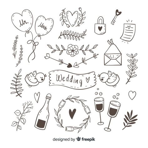 Wedding Doodles, Scrapbooking Aesthetic, Doodle Wedding, Diy Album Photo, Wedding Scrapbook Pages, Wedding Ornaments, Wedding Drawing, Heart Doodle, Hand Drawn Cards