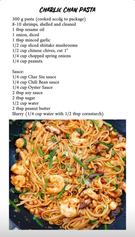 Charlie Chan Pasta Recipe, Chinese Chives, Charlie Chan, Chinese Cooking Recipes, Char Siu, Asian Foods, Shiitake Mushroom, Chinese Cooking, Peanut Sauce