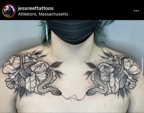 Symmetrical Chest Tattoo Female, Snake Chest Tattoo, Symmetrical Chest Tattoo, Otter Tattoo, Sweet Tattoos, Chest Piece, Snake Tattoo, Chest Tattoo, Flower Tattoo