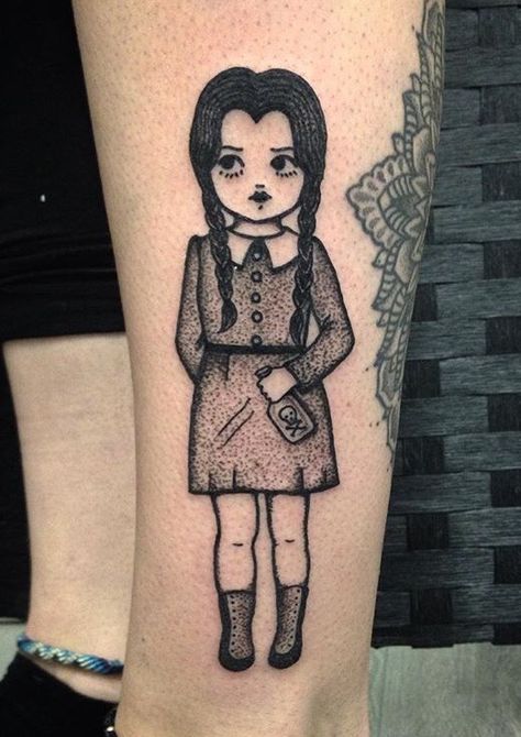 Wednesday Addams Tattoo, Narwhal Tattoo, Tattoo Artist Quotes, Redwood Tattoo, Doll Tattoo, Halloween Tattoos, Beautiful Tattoos, Leg Tattoos, Mandala Design