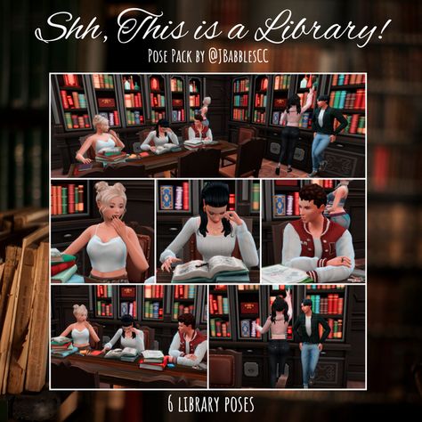 Keep your friends quiet and try to study with this chaotic pose pack. Perfect for storytellers!  #sims4 #sims #simscc #simspose #simsposepack #simsposecreator Sims 4 Studying Poses, Sims 4 Catholic Cc, Library Pose, Sims 4 Royal Poses, Royal Poses, Sims 4 Stories, Sims 4 Royal, Principals Office, Ts4 Poses