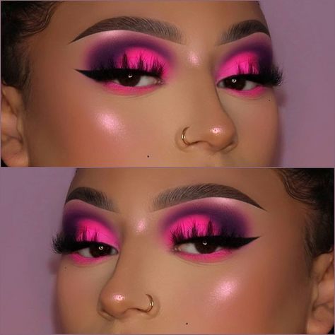 Imane Chawki on Instagram: “Close up 💕 Products breakdown : Brows : @maybelline tattoo brow pomade in the shade " 05 dark brown " Base : @hudabeautyshop skin finish…” Pink And Black Rave Makeup, Neon Pink Eye Makeup, Neon Pink Makeup Looks, Valentine Eyeshadow, Neon Makeup Looks, Makeup For Deep Set Eyes, 19 Bday, False Lashes Natural, Daytime Eye Makeup