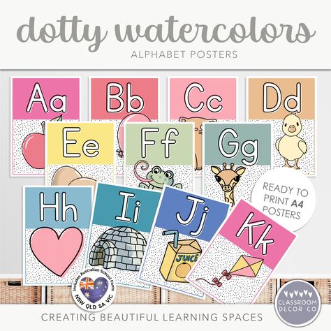 Bright and beautiful ♥ Gorgeous alphabet posters with subtle dotty details, stunning bright rainbow color palette and super cute illustrations ♥ Perfect classroom decor ♥ Alphabet Posters For Classroom, Watercolor Classroom Decor, Watercolor Classroom, Watercolor Alphabet, Perfect Classroom, School Fonts, Posters Classroom, Bright Color Schemes, Alphabet Posters