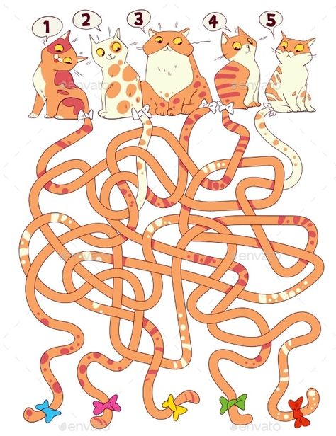 Kindergarten Mazes Printables, Preschool Pattern Worksheets, Preschool Patterns, Maze Worksheet, Cat Tails, Printable Mazes, Funny Cartoon Characters, Pattern Worksheet, English Activities For Kids