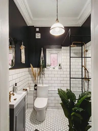 Metro Style Bathroom, Whole Tiled Bathroom, Black And White Metro Tiles Bathroom, White Metro Tiles Black Grout, Small Victorian Shower Room, Victorian Style Shower Room, Bathroom Tile Black Grout, Black Metro Tiles Bathroom, White Tiles Grey Grout Bathroom