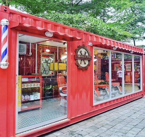 Pop Up Barber Shop, Container Barbershop, Retro Pub, Barber Ideas, Mobile Barber, Hair Salon Names, Barber Shop Ideas, Best Barber Shop, Barbershop Ideas