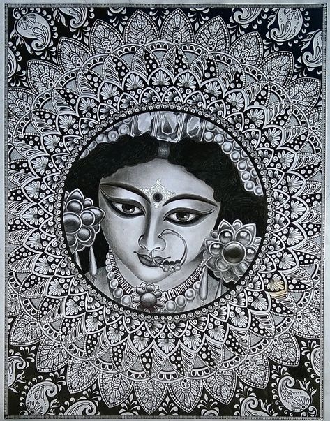 This is a Mandala workmanship with a 3D picture of Durga Maa in the center Black Gel Pen Drawings, Mona Art, Gel Pen Drawings, Charcoal Pencil, 3d Pictures, Durga Maa, Pen Art, Pen Drawing, Mandala Art