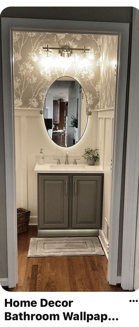 Half Panel Half Wallpaper Bathroom, Half Bath With No Window, Board And Batten With Wallpaper Bathroom, Powder Room Wainscoting, Narrow Half Bathroom Ideas, Water Closet Makeover, Small Half Bath, Small Downstairs Toilet, Bathroom Redecorating