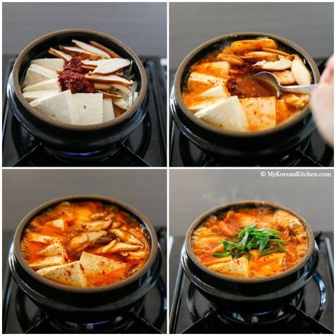 Dolsot Recipes, Kimchi Stew Recipe, Korean Vegetarian Recipes, Vegetarian Kimchi, Jjigae Recipe, Koreansk Mad, Kimchi Jjigae, Kimchi Stew, Korean Kitchen