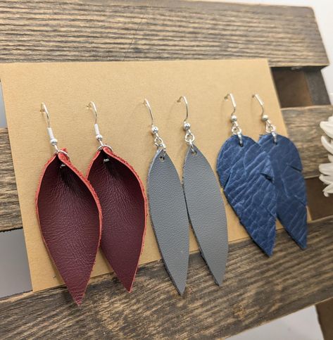 Handmade earrings crafted from scrap leather.  Start your own collection or give as gifts!  Packaged with handwritten "Rooting for You" message. Diy Leather Feather Earrings, Leather Feather Earrings, Grand Forks, Leather Earring, Earring Collection, Earring Crafts, For You, Leather Diy, Feather Earrings