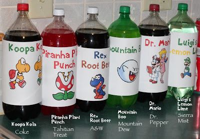 Love the custom soda bottles for Mario characters. Mario Party Drink Ideas, Super Mario Punch Drink, Mario Birthday Party Drinks, 1up Birthday Party, Mario Theme Party Decorations, Mario Drinks, Mario Party Theme, Super Smash Bros Party, Mario Kart Birthday