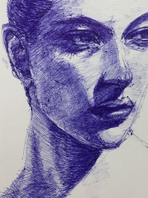 HM LIM Biro Pen Portrait, Biro Drawing Face, Black And Blue Pen Drawing, Blue Pen Sketch Simple, Pen Drawing Face, Blue Pen Sketches, Blue Pen Drawing, Ballpen Art, Ballpoint Drawing