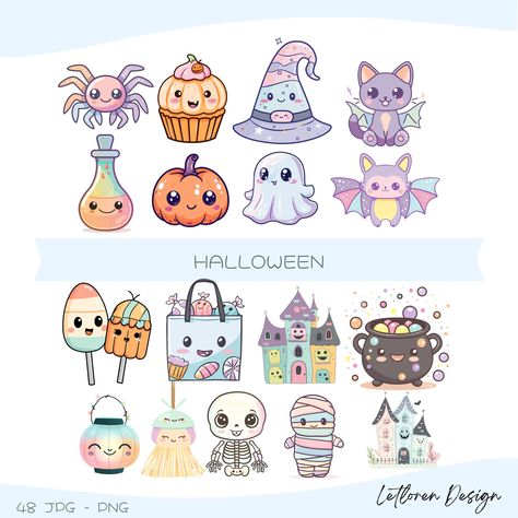 Cute Halloween Flash Sheet, Easy Halloween Characters, Halloween Animal Illustration, Cute Halloween Ghost Drawing, Halloween Candy Clipart, Halloween Cricut Decorations, Kawaii Ghost Drawing, Halloween Drawings Cute, Cute Pumpkin Drawing