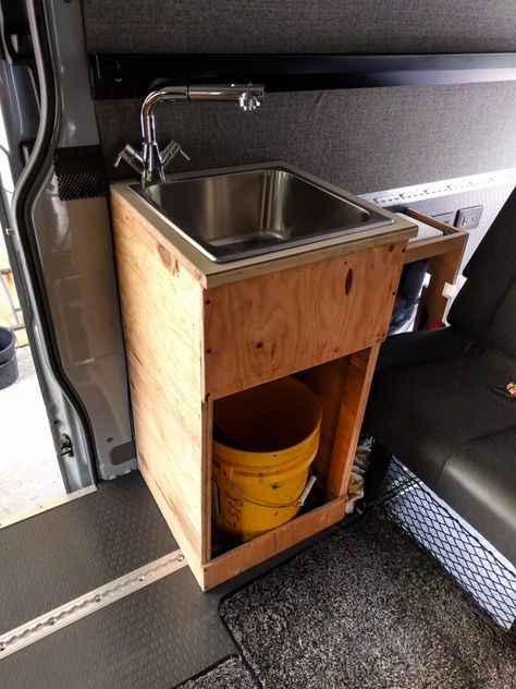 Sink cabinet built with 80/20 aluminum extrusion – Sprinter Adventure Van Van Sink, Van Conversion Kitchen, Rv Sink, Adventure Van, Camping Box, Bus Living, Vintage Camper Remodel, Bamboo Panels, Van Conversion Interior