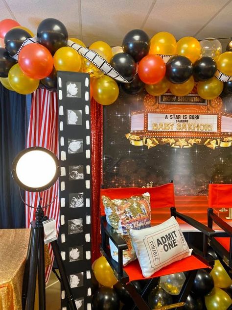 Creative Gender Reveals, Star Baby Shower Theme, Movie Night Birthday Party, Bollywood Theme, Baby Shower Theme Decorations, Movie Birthday, Coed Baby Shower, Backdrop Ideas, Boy Baby Shower Themes